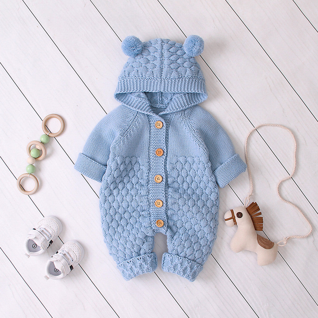 Children's Fur Ball Hooded Knitted Jumpsuit
