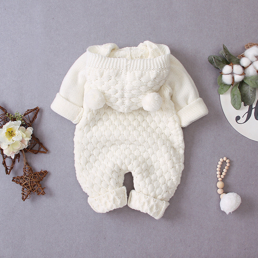 Children's Fur Ball Hooded Knitted Jumpsuit