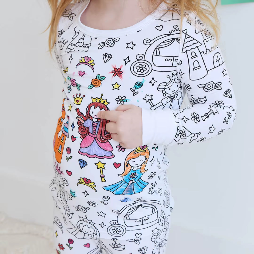 DIY Pajamas Sets New Baby Boy Girls Sketch Colorful Freehand Graffiti Long Sleeves Sleepwear Suit Kids Funny Handicraft Homewear
