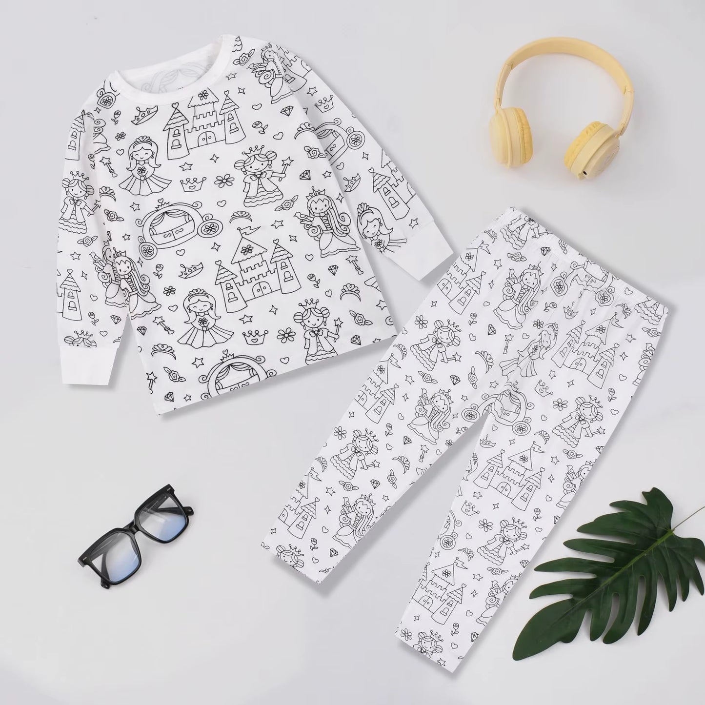 DIY Pajamas Sets New Baby Boy Girls Sketch Colorful Freehand Graffiti Long Sleeves Sleepwear Suit Kids Funny Handicraft Homewear