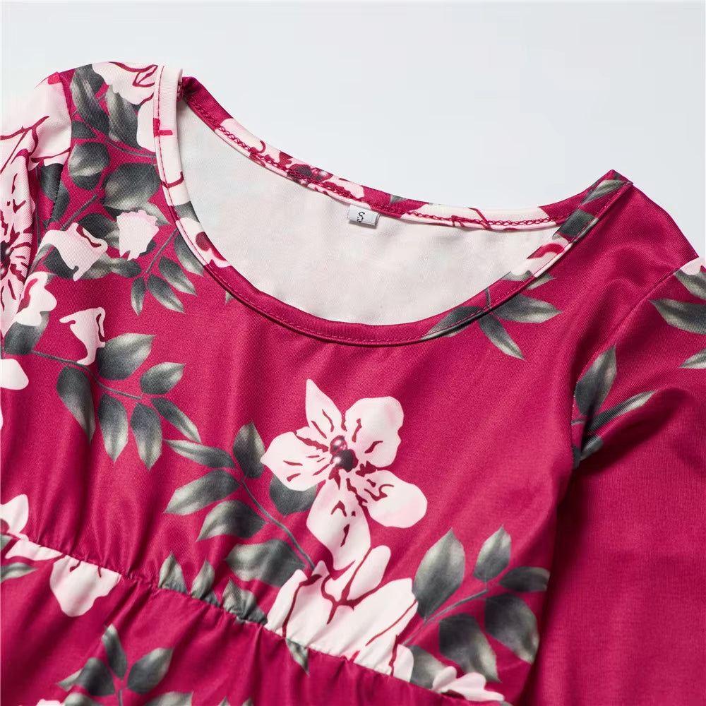 Wine Red Family Look Mom and Daughter Costume Mother and Daughter Matching Party Dress Floral Long Mommy and Me Clothes