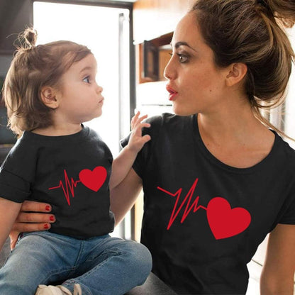 Heartbeat Love Funny Mom Son Daughter Matching T-Shirts Mother & Daughter Matching Set Mom & Baby Shirts