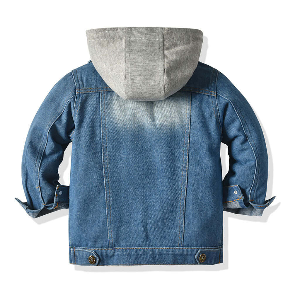 Denim jacket with a gray hood, back view.