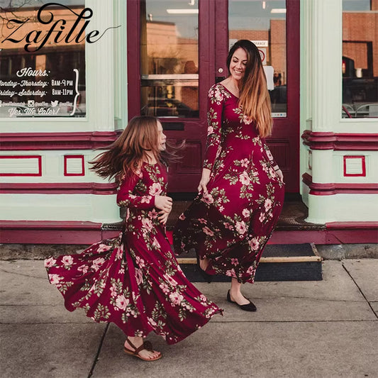 Wine Red Family Look Mom and Daughter Costume Mother and Daughter Matching Party Dress Floral Long Mommy and Me Clothes