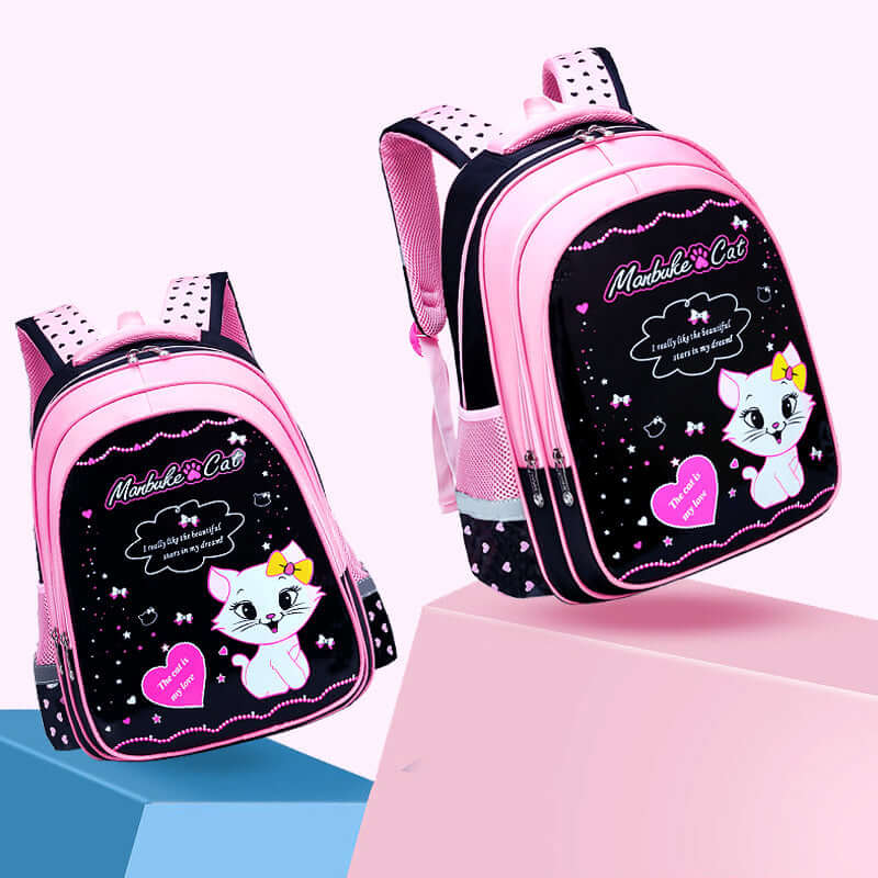 Cute pink and black kids' backpacks featuring a cat design, perfect for school or travel.