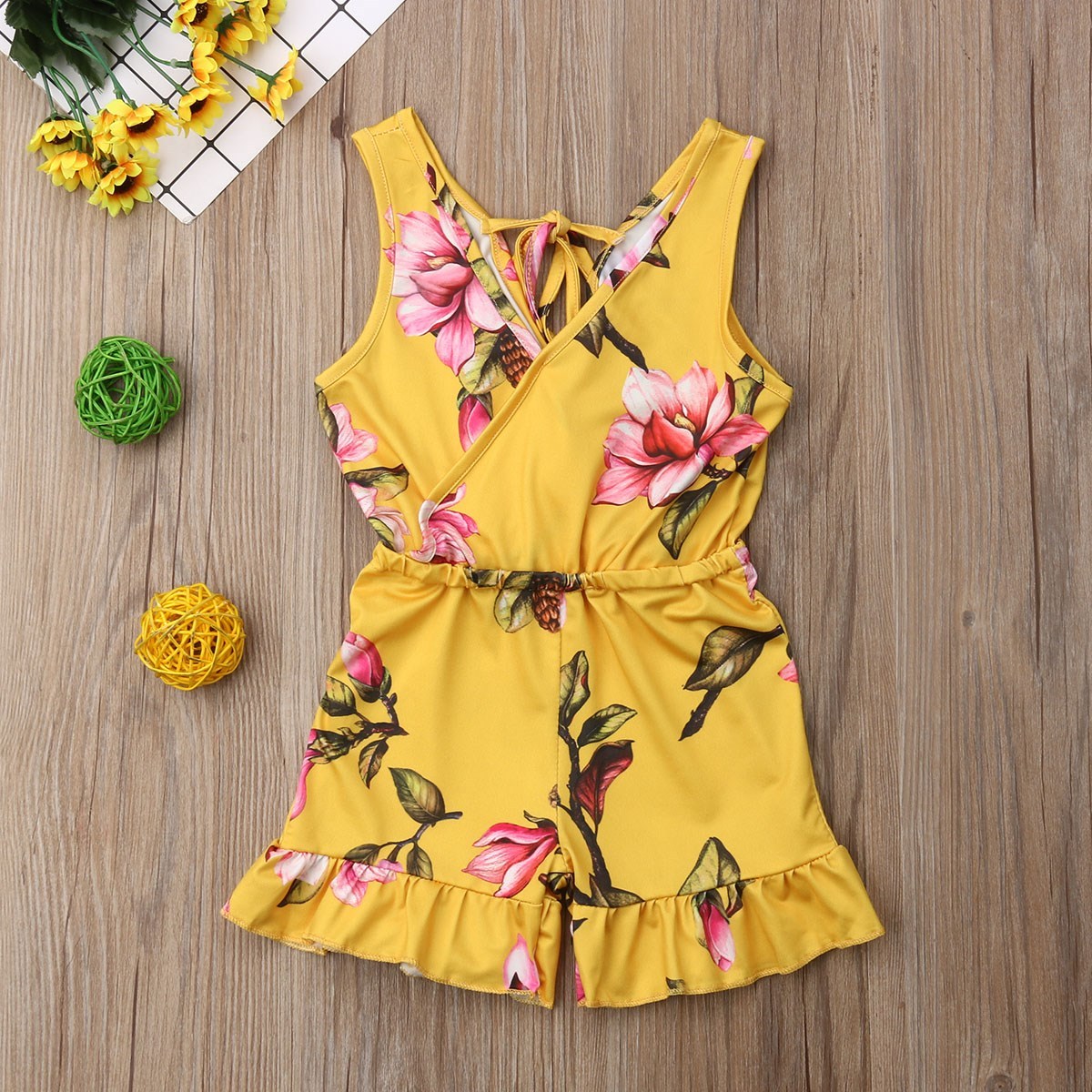 Cute Floral Sleeveless Romper Kimono Style for Girls