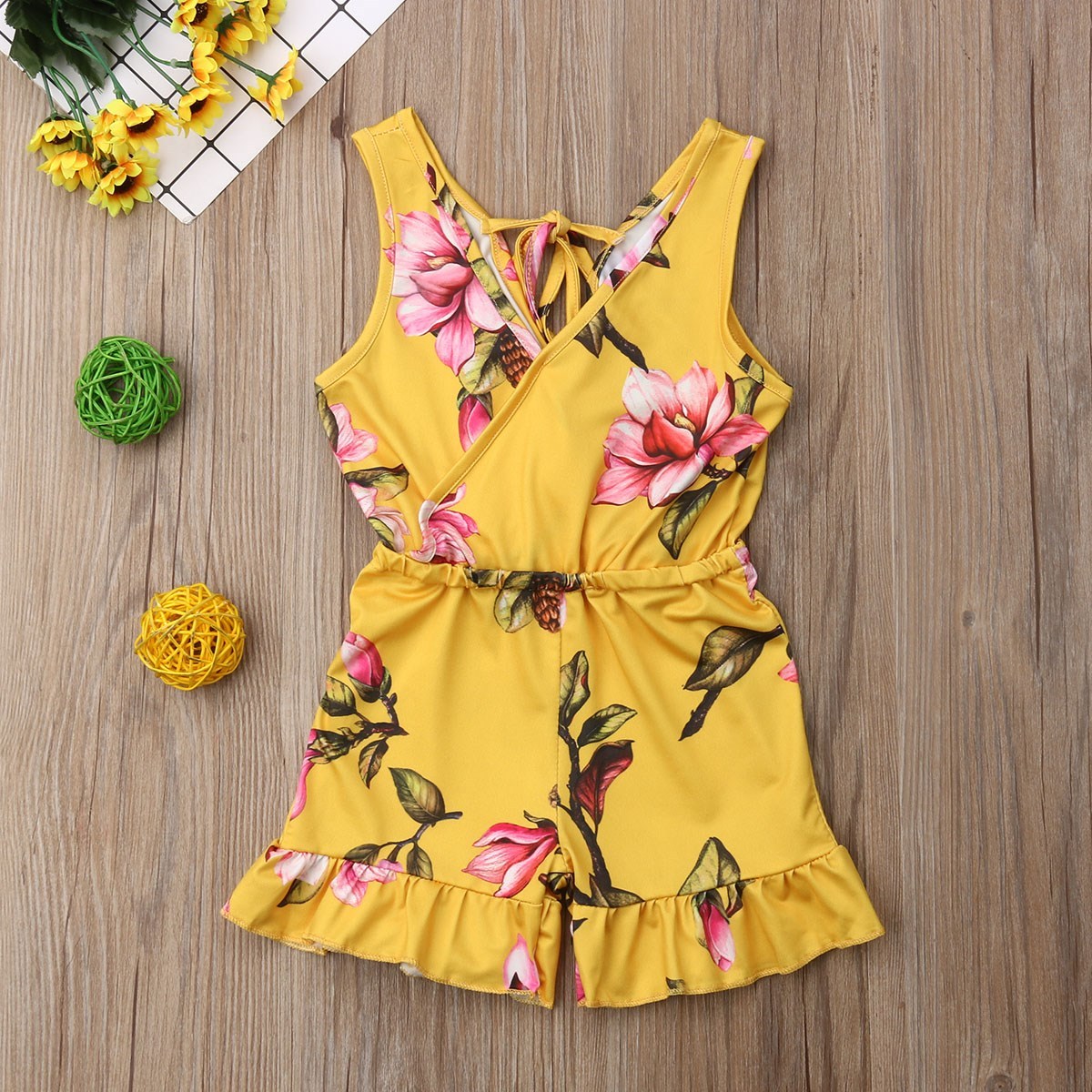 Cute Floral Sleeveless Romper Kimono Style for Girls