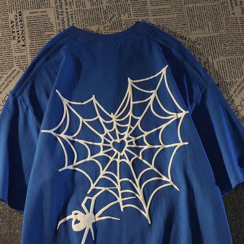 100 Cotton Summer Fashion Brand Letters Spider Web Printed Short Sleeve T-shirt