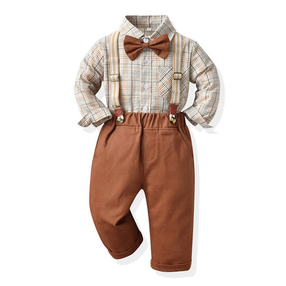Children's Autumn Korean Plaid Shirt & Suspender