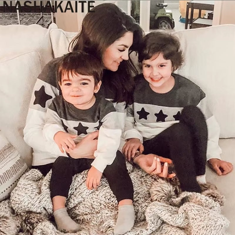 Family Matching Clothes Mom and Daughter Matching Clothes 2 Color Star Block Pullover Sweatshirt Same Family Clothes