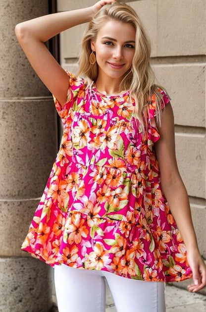 Heimish Full Size Butterfly Sleeve Floral Tiered Top plus Size