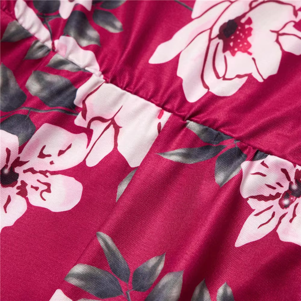 Wine Red Family Look Mom and Daughter Costume Mother and Daughter Matching Party Dress Floral Long Mommy and Me Clothes