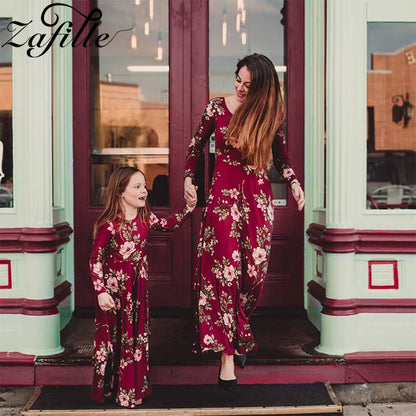 Wine Red Family Look Mom and Daughter Costume Mother and Daughter Matching Party Dress Floral Long Mommy and Me Clothes