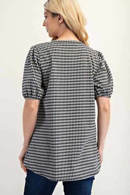 Celeste Full Size Gingham Print Top with Puff Sleeves plus Size