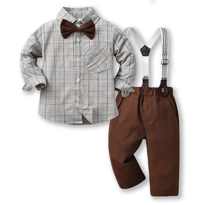 Children's Autumn Korean Plaid Shirt & Suspender