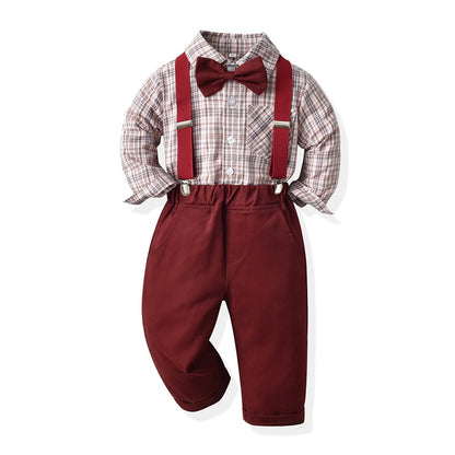 Children's Autumn Korean Plaid Shirt & Suspender