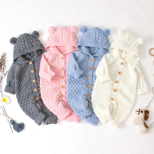 Children's Fur Ball Hooded Knitted Jumpsuit