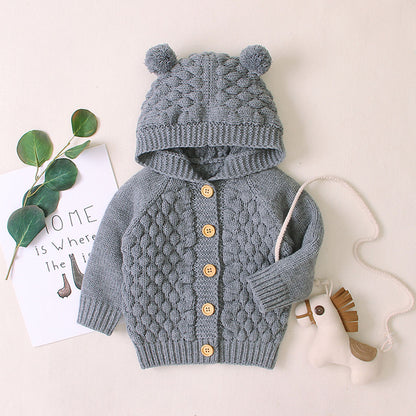 Wool Ball Hooded Knitted Jacket For Kids