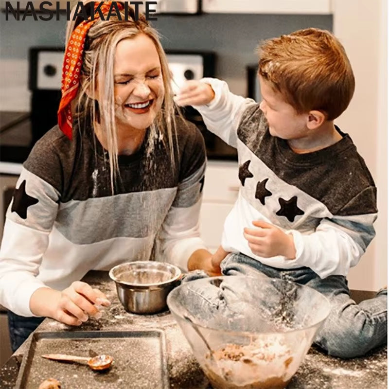 Family Matching Clothes Mom and Daughter Matching Clothes 2 Color Star Block Pullover Sweatshirt Same Family Clothes