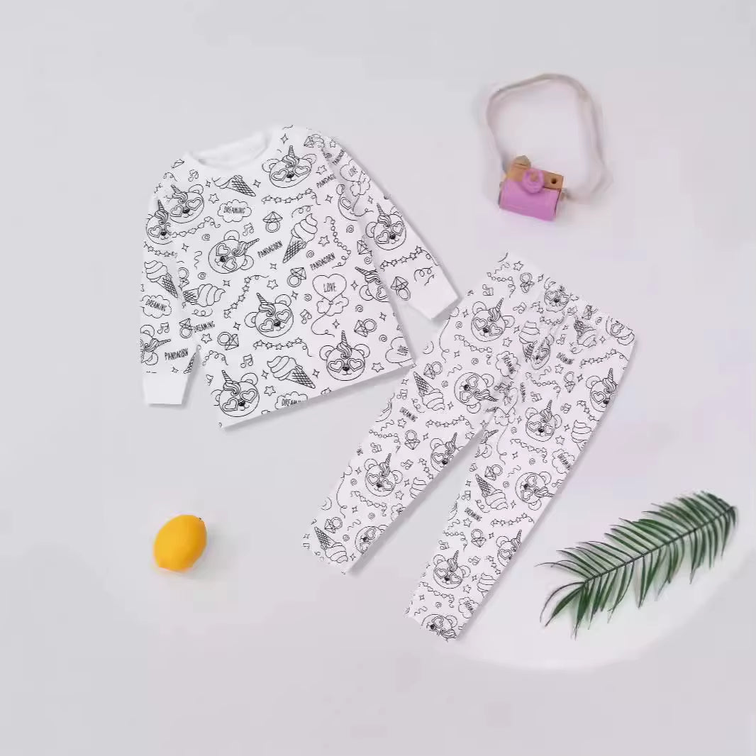DIY Pajamas Sets New Baby Boy Girls Sketch Colorful Freehand Graffiti Long Sleeves Sleepwear Suit Kids Funny Handicraft Homewear