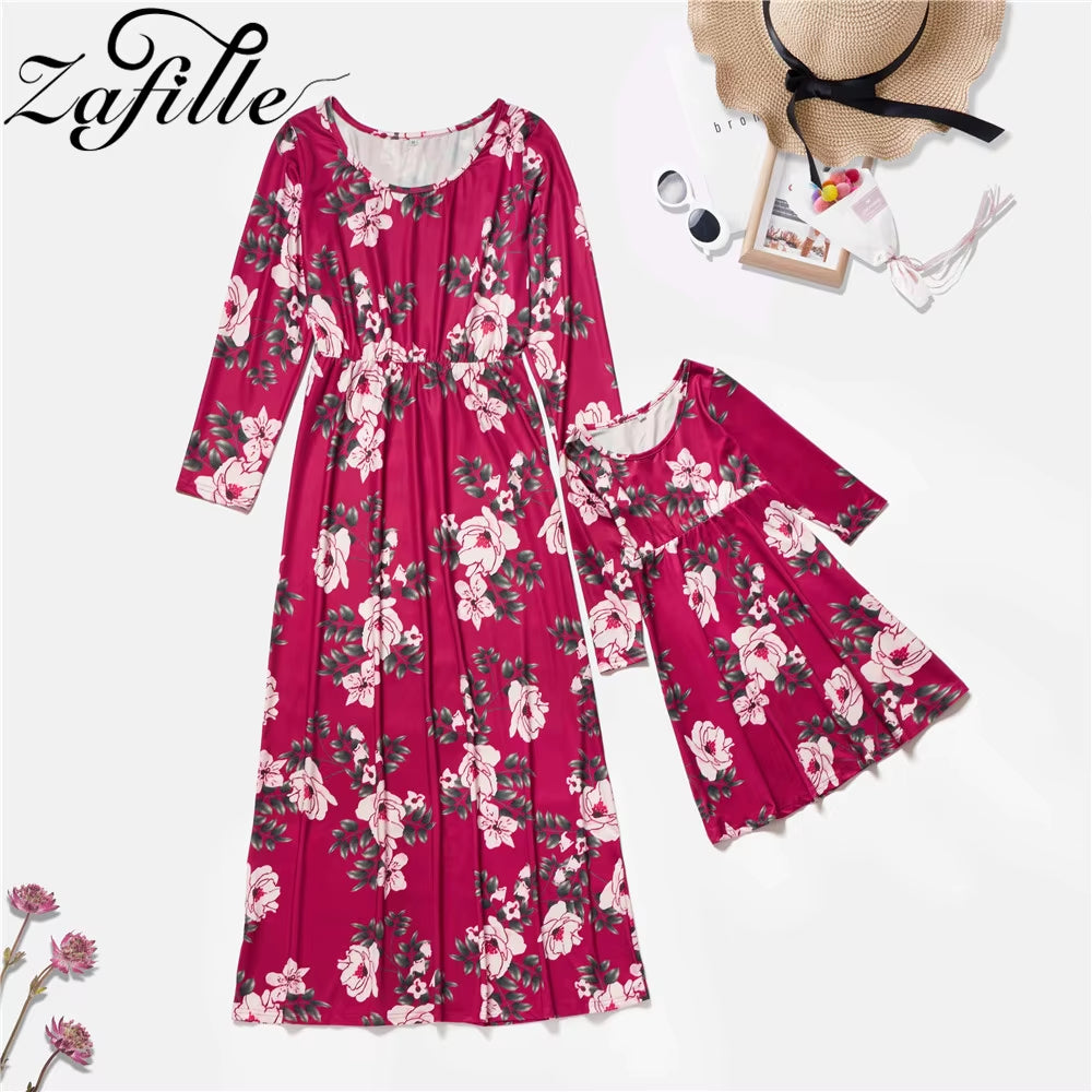 Wine Red Family Look Mom and Daughter Costume Mother and Daughter Matching Party Dress Floral Long Mommy and Me Clothes