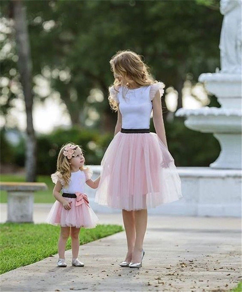 Spring Cotton Short-Sleeved Fashion Sweet Parent-Child Suit Net Gauze Canopy Skirt Two-Piece Mother and Daughter Suit Skirt