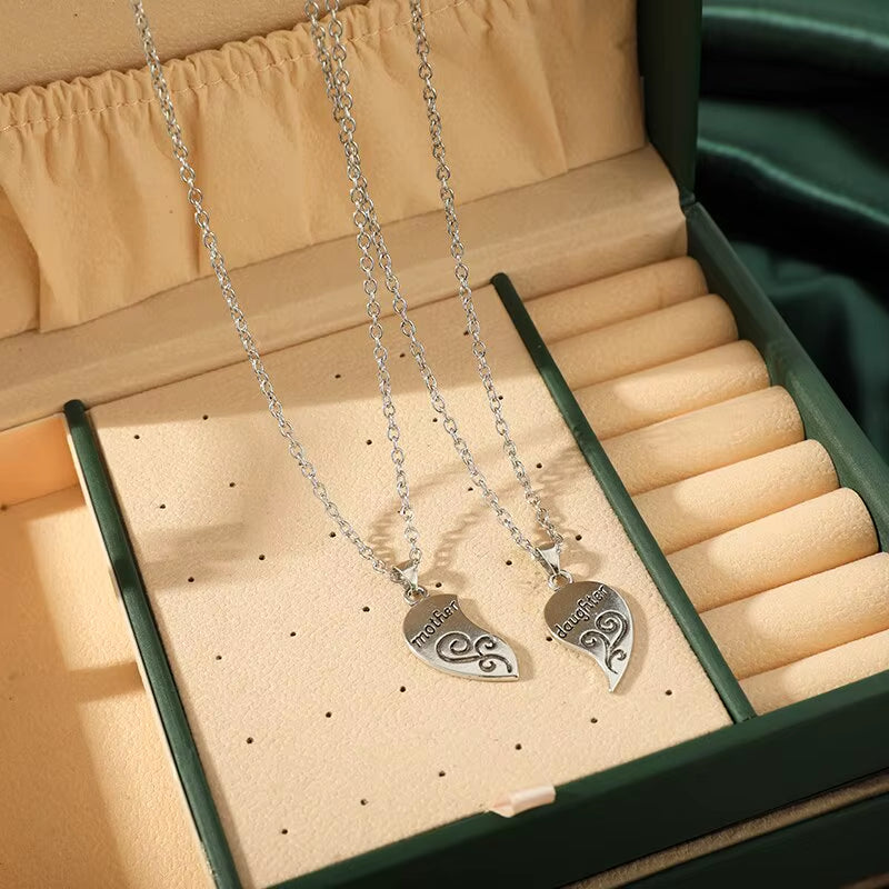 2Pcs Antique Silver-Plated Necklace Fashionable Mother Beautiful Daughter Combination for Love Parent Child Style Jewelry